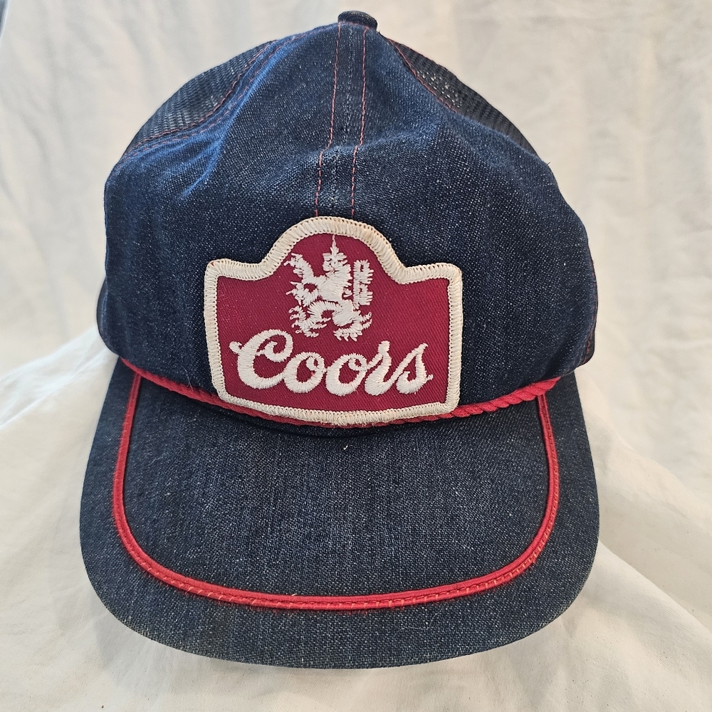 RARE Vintage Coors denim blue patch mesh trucker hat cap snap back